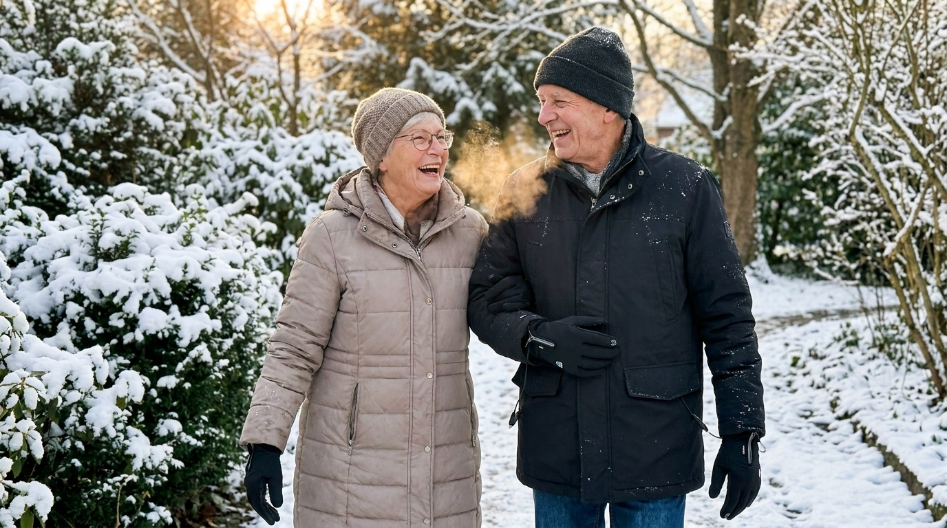 Älteres Paar mit dünnen beheizten Handschuhen im winterlichen Garten